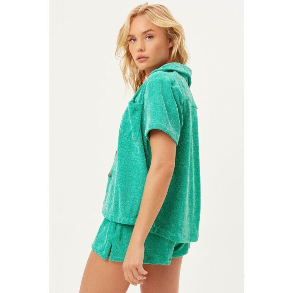 Frankies Bikinis Coco Sparkle Terry Button Up Shirt Mistletoe Green Large Beach - Picture 3 of 10